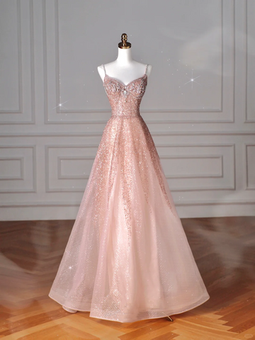 Niulatu Pink Tulle Sequins Beaded Prom Dress Spaghetti Straps A Line Evening Dress HZ1007
